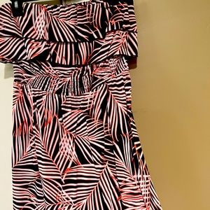 Crown & Ivy strapless dress in navy, orange and white palm print